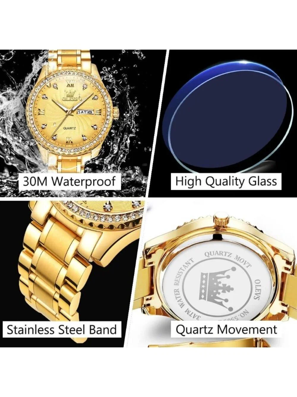 Men's All Gold Stainless Steel Analog Quartz Classic Waterproof Diamond Watch